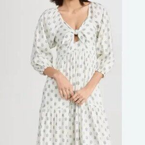 Xirena Imogen Tie Front Ivory White Navy Paisley Cotton Midi Dress  $S335